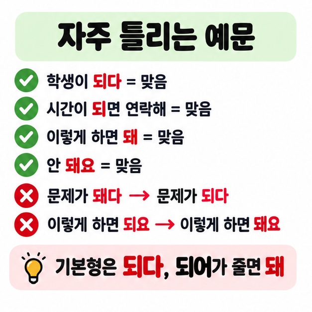 되요는 틀리고 돼요가 맞으며 문제가 돼다는 문제가 되다로 고치는 예문을 보여주는 카드
