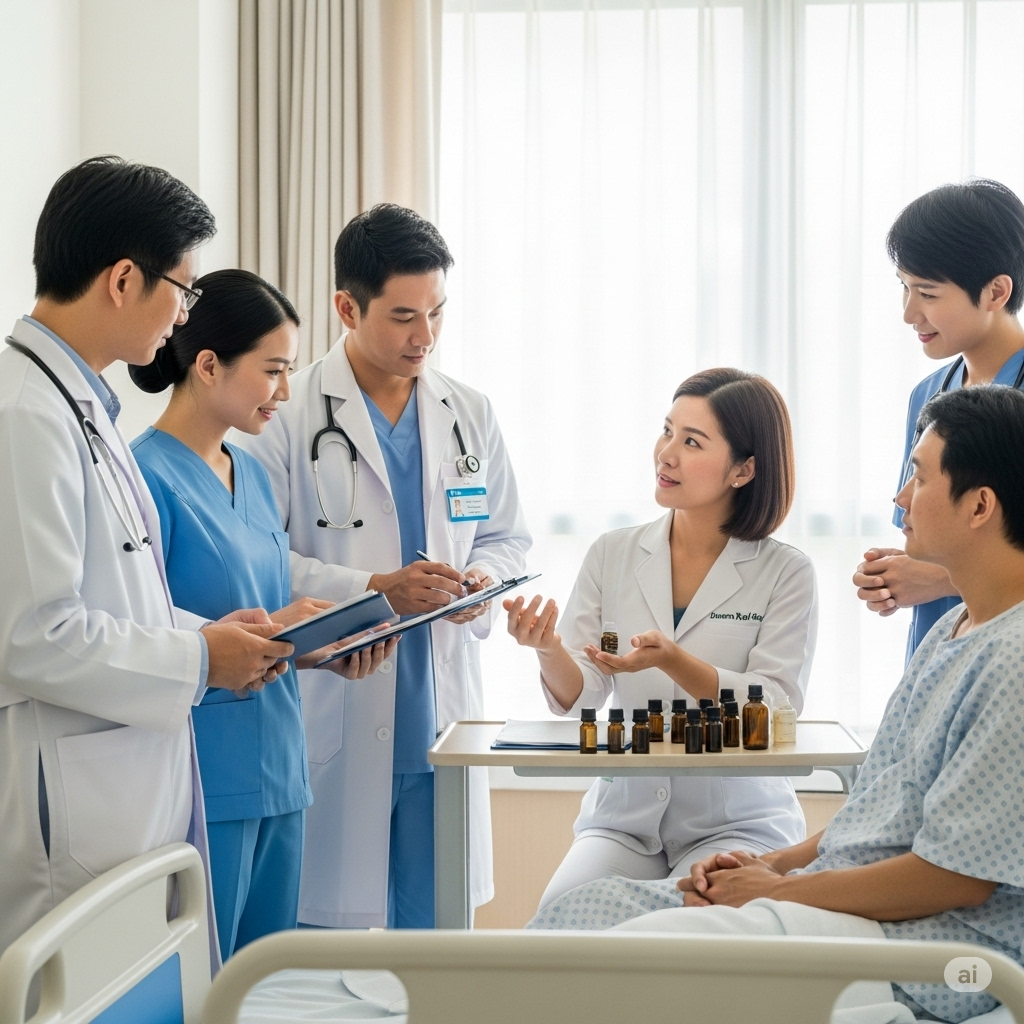 아로마테라피스트와 의료진이 협력하여 환자를 치료하는 통합 의료 현장