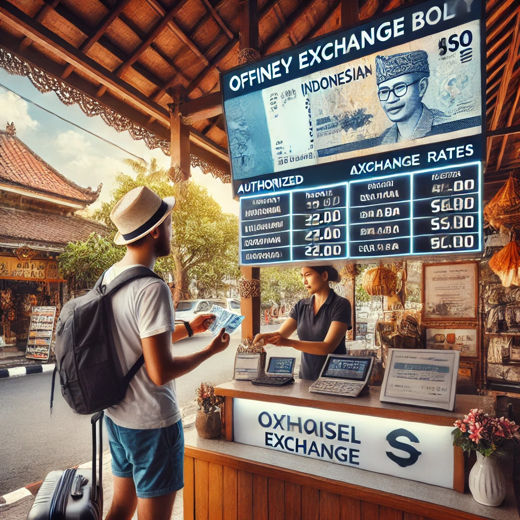 발리에서 환전하는 여행자의 모습과 공식 환전소 간판