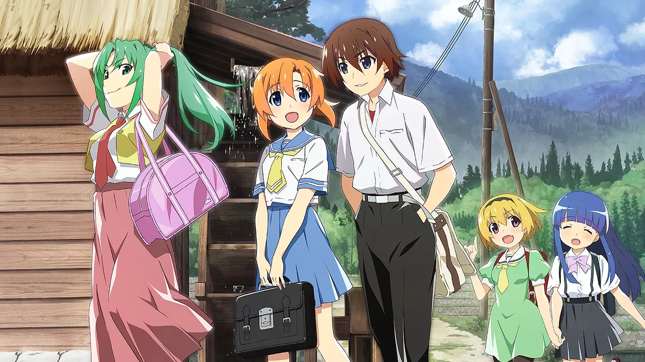 쓰르라미 울 적에 주인공들이 히나미자와 마을을 배경으로 걷고 있는 장면