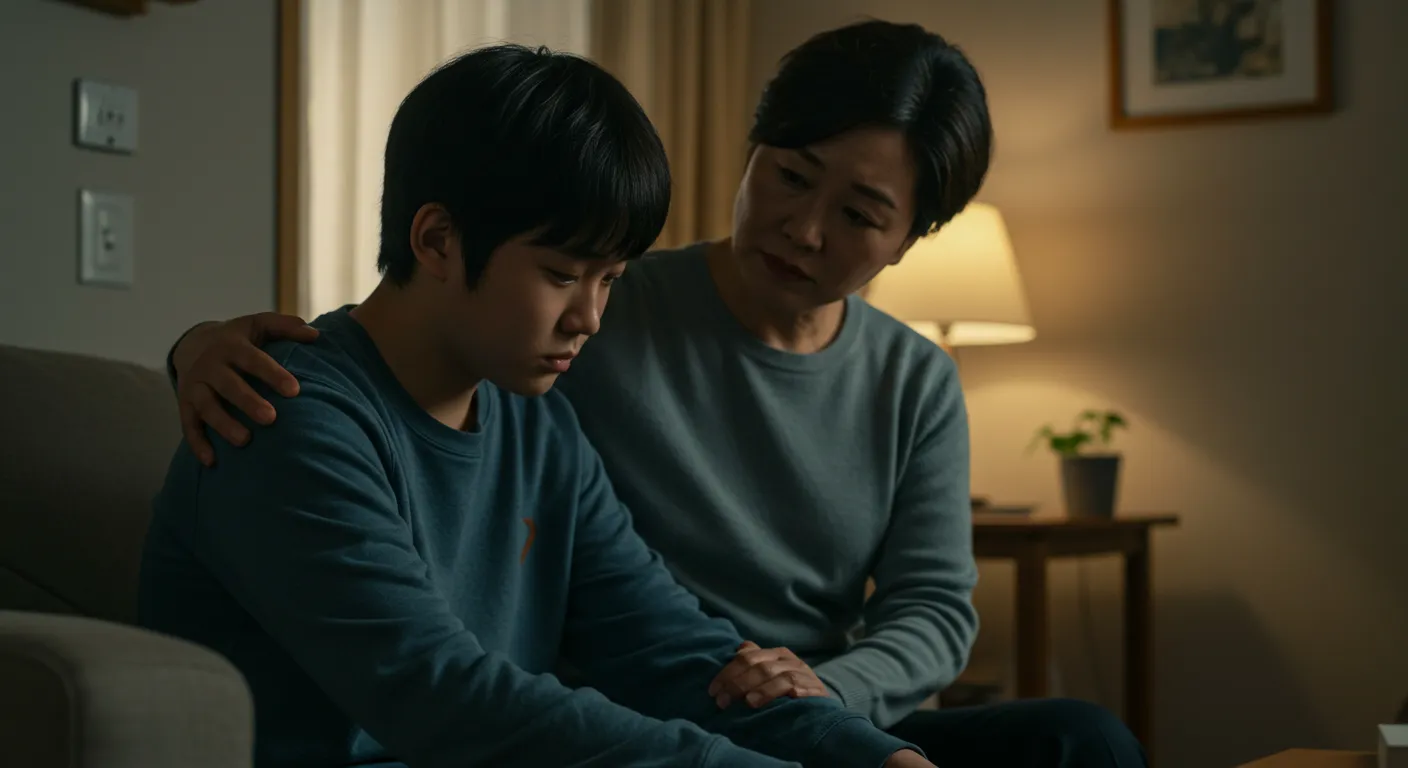 집 안에서 부모가 슬픔에 잠긴 청소년의 손을 부드럽게 잡아주며 위로하는 따뜻한 장면