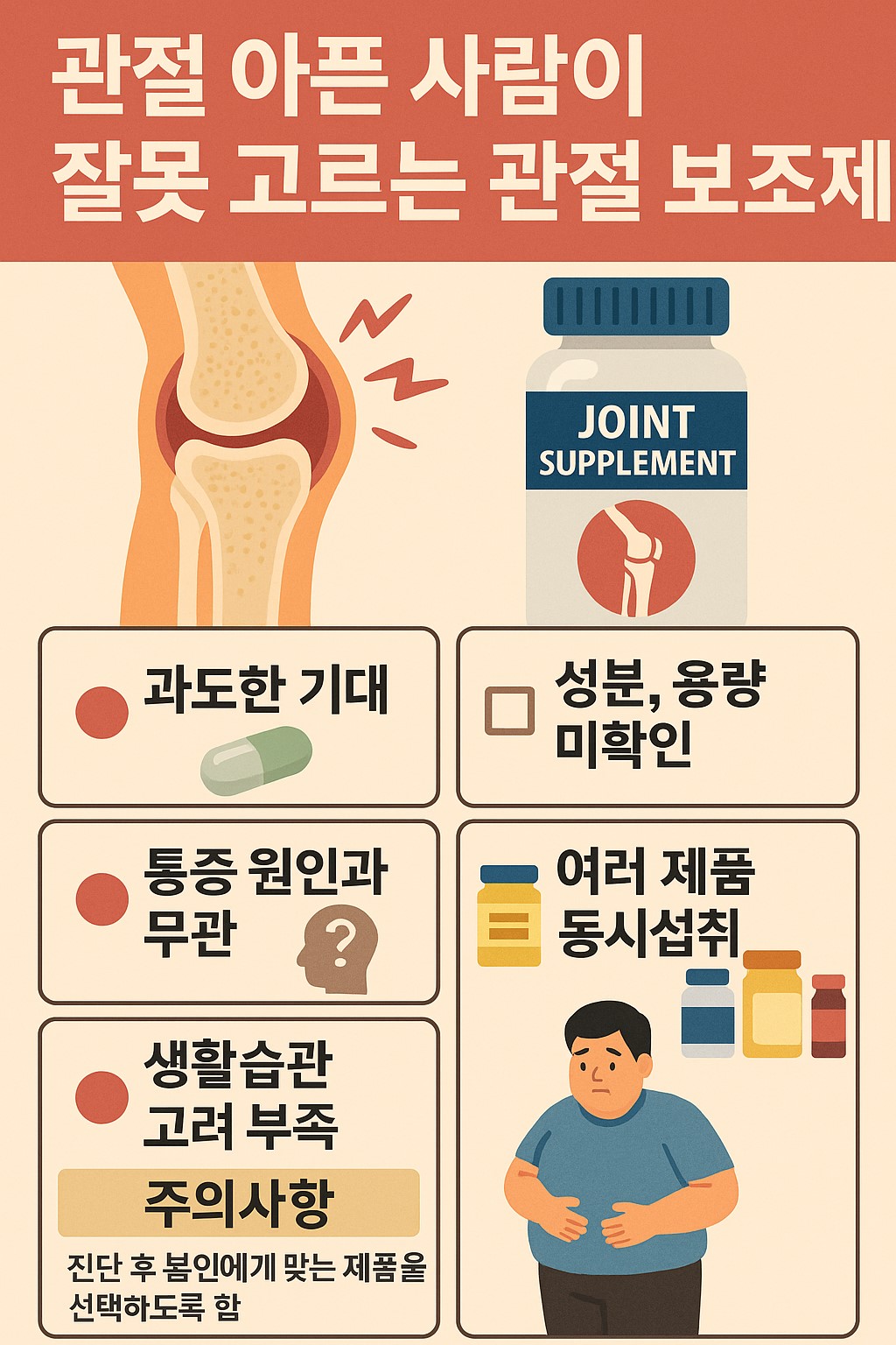 관절 아픈 사람이 잘못 고르는 관절 보조제 선택 오류와 주의사항을 한눈에 정리한 대표 이미지