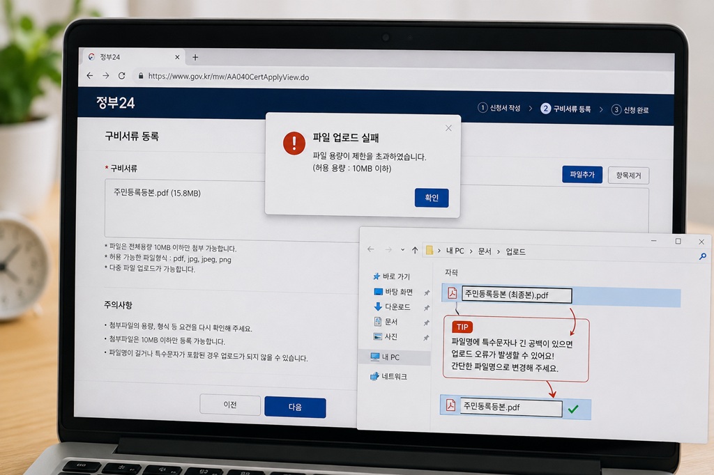 정부24 서류 업로드 중 파일 용량 초과 오류가 발생한 화면