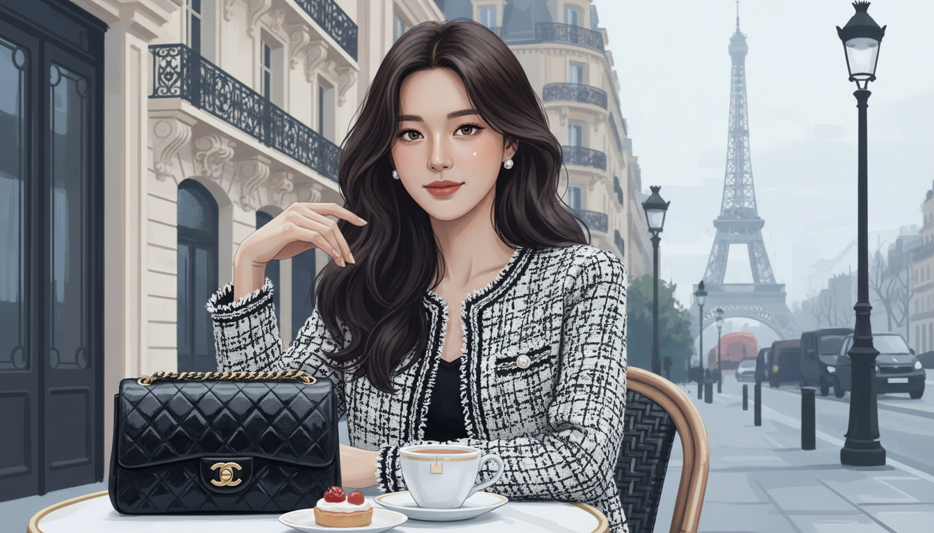 고윤정이 파리 카페 거리에서 검은색 샤넬 클래식 플랩 백과 트위드 자켓을 착용하고 있는 우아한 모습