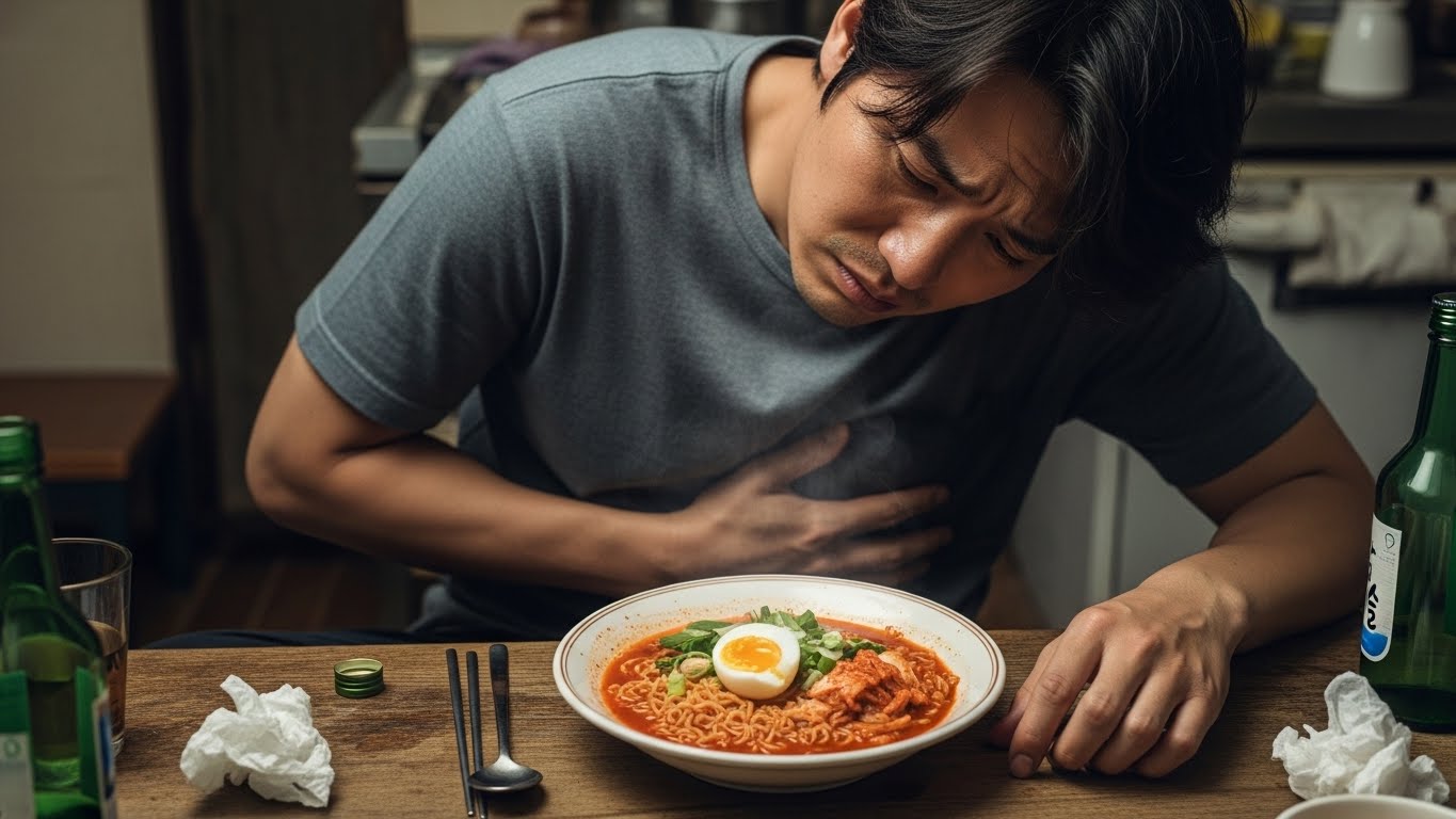 숙취로 괴로운 아침에 매운 라면을 앞에 두고 속이 쓰려 힘들어하는 한국 남성