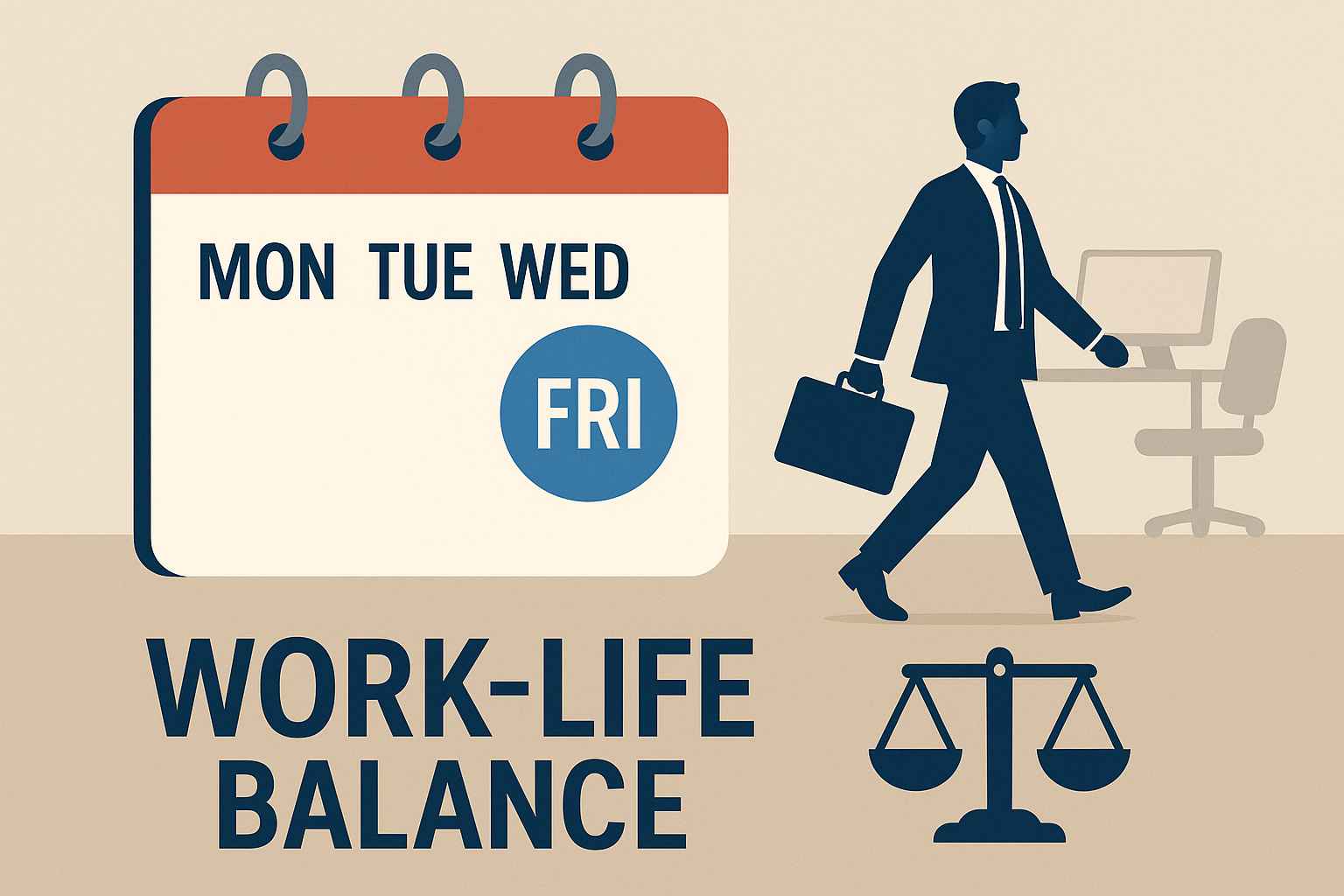 주 4일제 근무와 워라밸을 상징하는 달력과 퇴근하는 직장인 일러스트