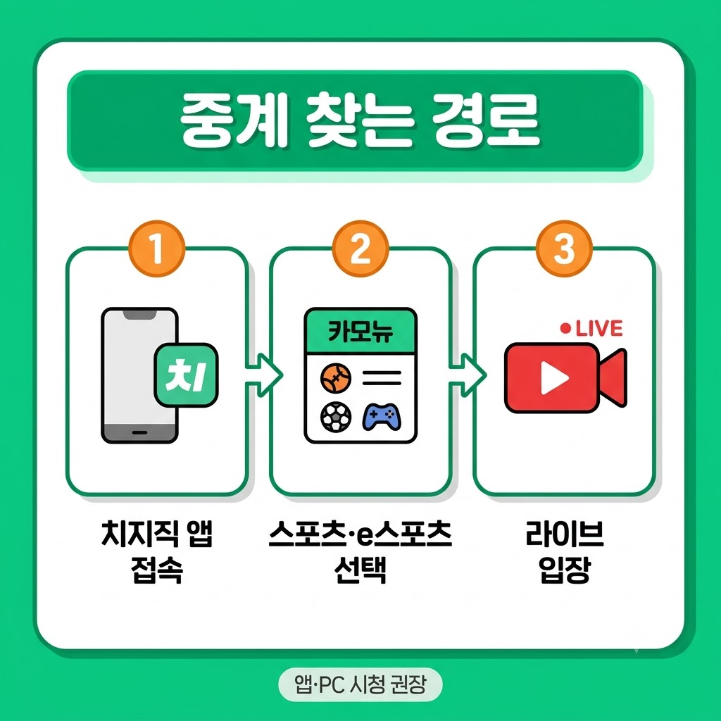 치지직 중계 찾는 경로 앱 접속 카테고리 선택 라이브 입장 3단계 인포그래픽