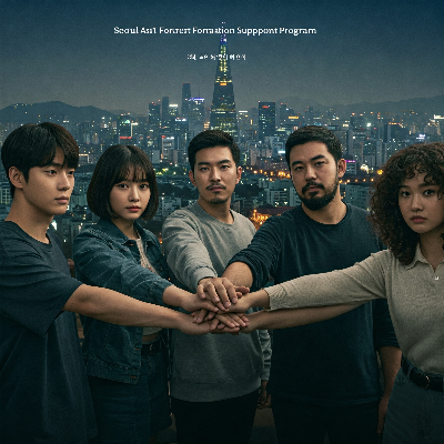 서울시 전경을 배경으로 함께 손을 잡고 있는 청년들의 이미지