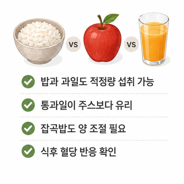 밥과 통과일, 과일주스를 비교해 당뇨가 있어도 밥과 과일을 적정량 먹을 수 있지만 주스와 과도한 탄수화물 섭취는 주의해야 함을 보여 주는 그림