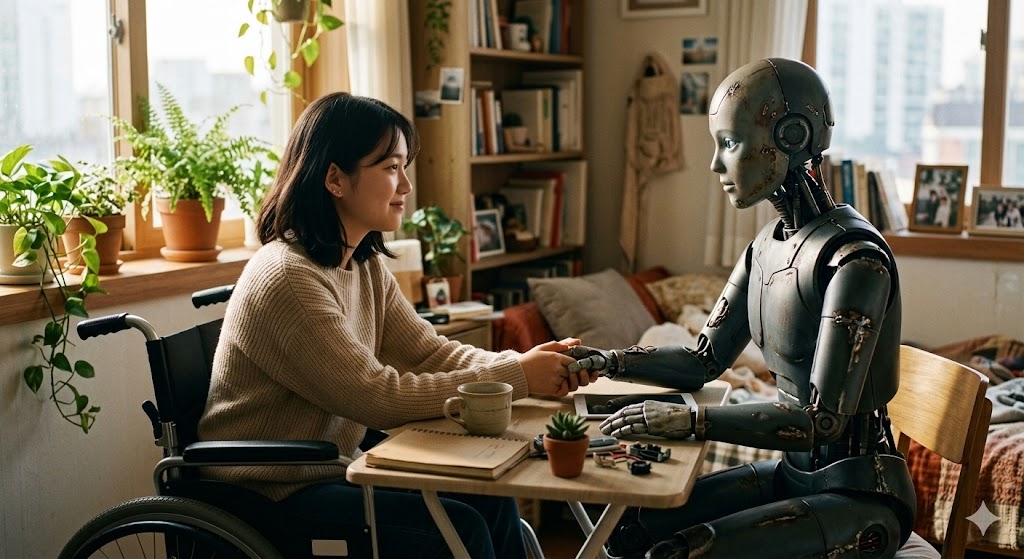 A girl in a wheelchair and a broken robot facing each other in a small room, representing healing and solidarity.