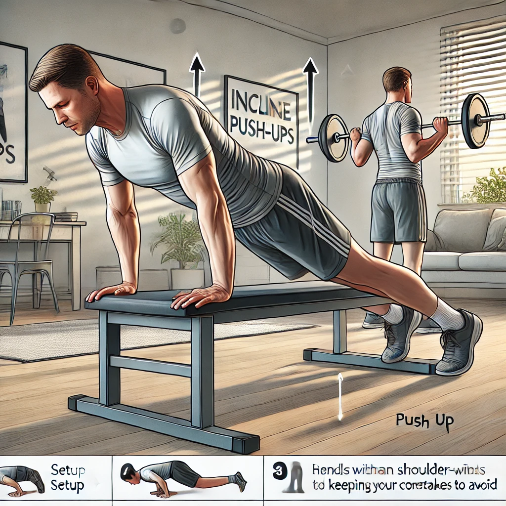 인클라인 푸쉬업의 올바른 운동 방법을 단계별로 설명하는 피트니스 교육용 이미지.