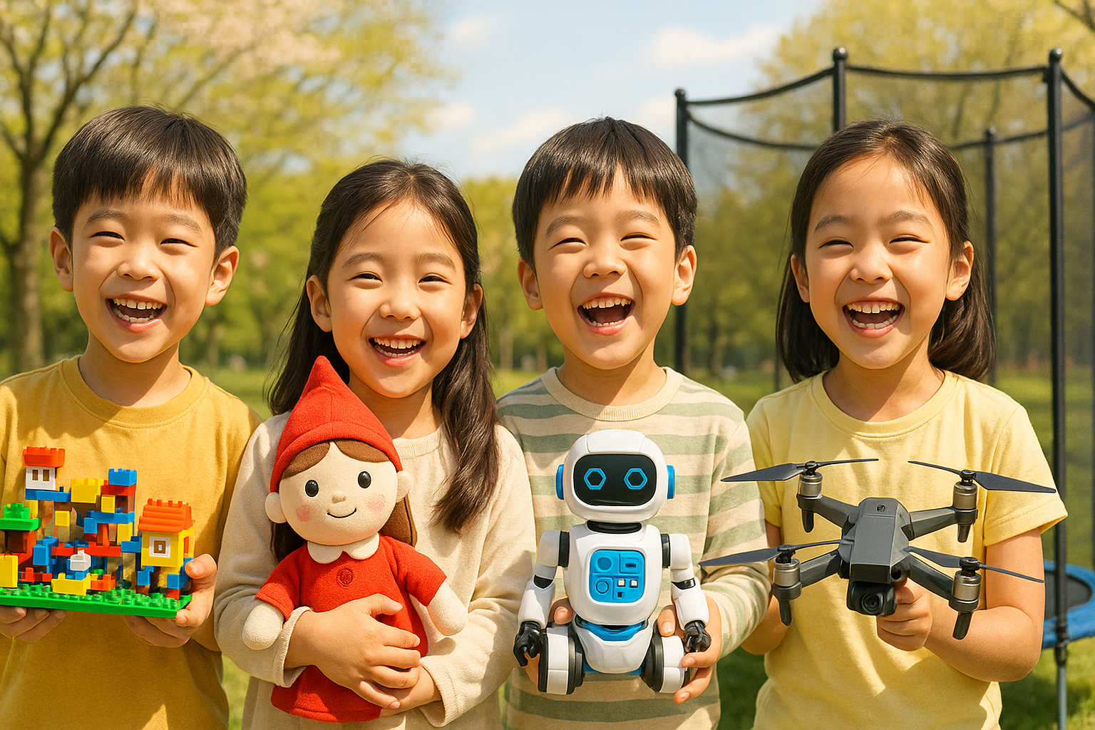 레고, 드론, 캐릭터 인형, 코딩 로봇, 트램폴린을 가지고 행복하게 웃고 있는 한국 어린이들의 모습