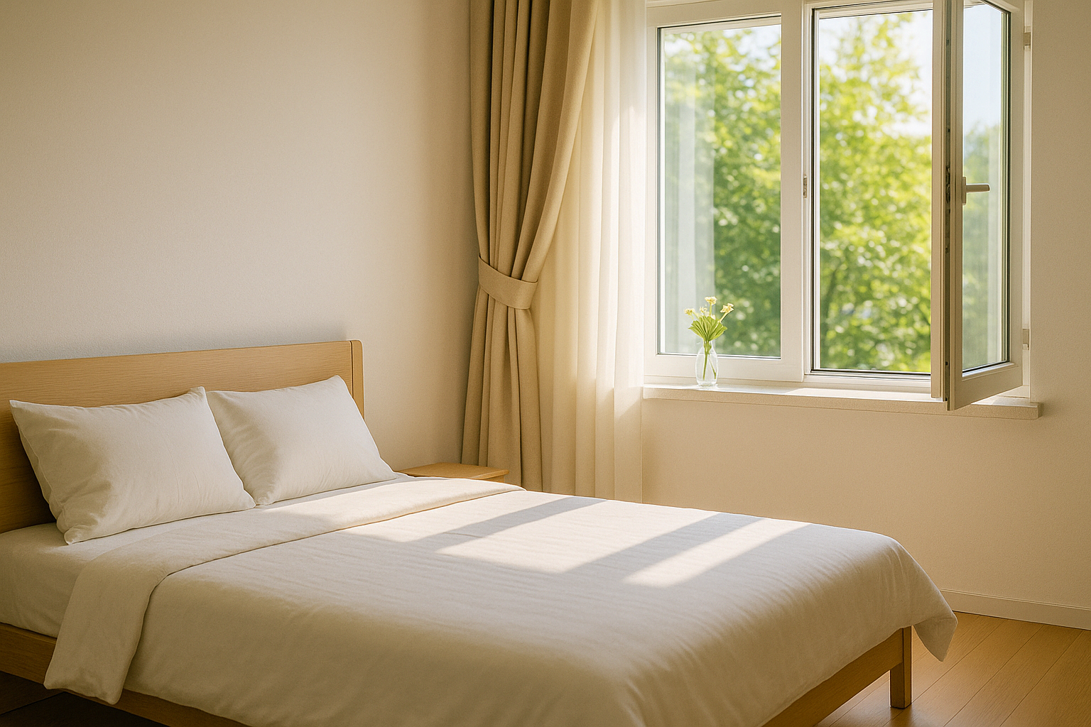 아침 햇살이 비치는 깔끔하게 정리된 침실