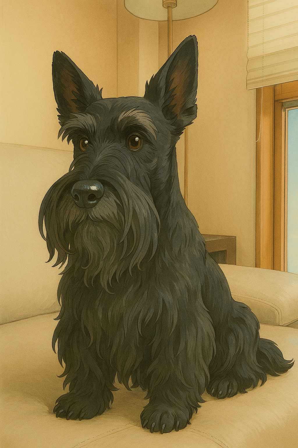 쇼파에 앉아 있는 스코티쉬테리어 지브리스타일 그림