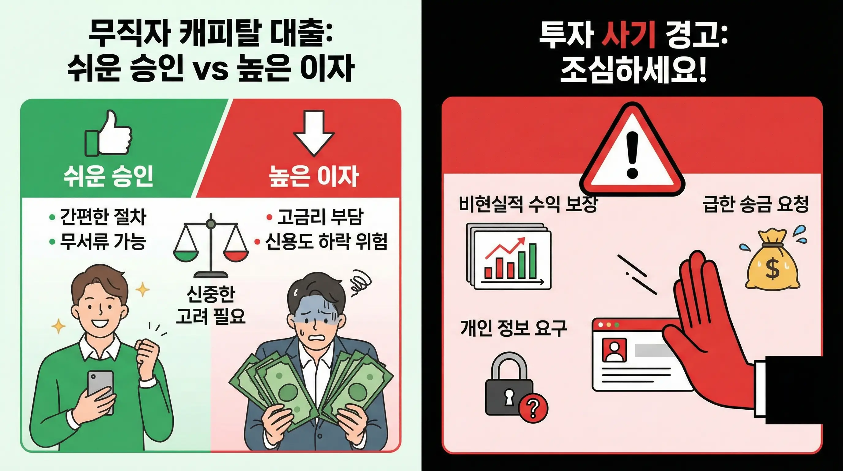 무직자 캐피탈 대출의 쉬운 승인과 높은 이자라는 장단점을 비교하고 투자 사기를 경고하는 인포그래픽