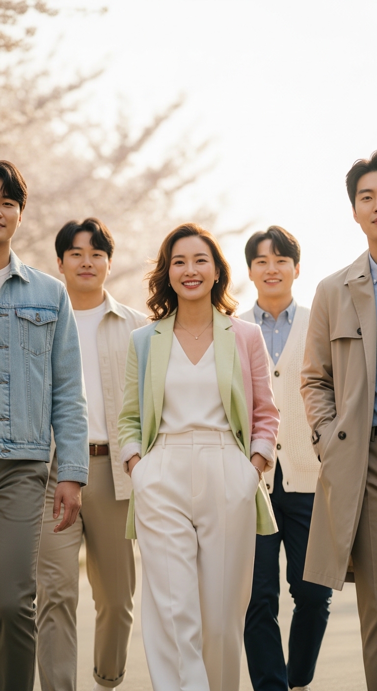 봄 햇살 아래 환하게 웃으며 자신감 있게 걷고 있는 여성의 전신 샷
