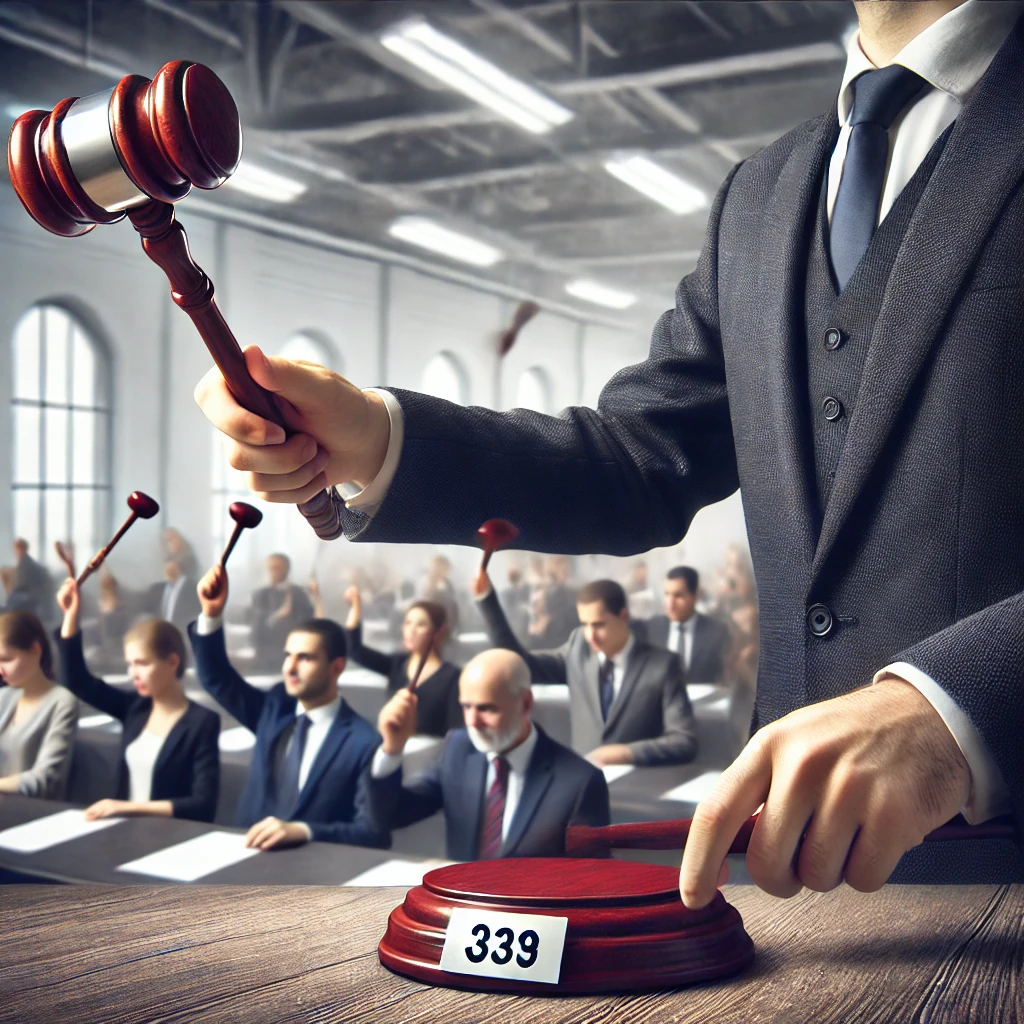 경매 중에 망치를 들고 입찰을 진행하는 경매사