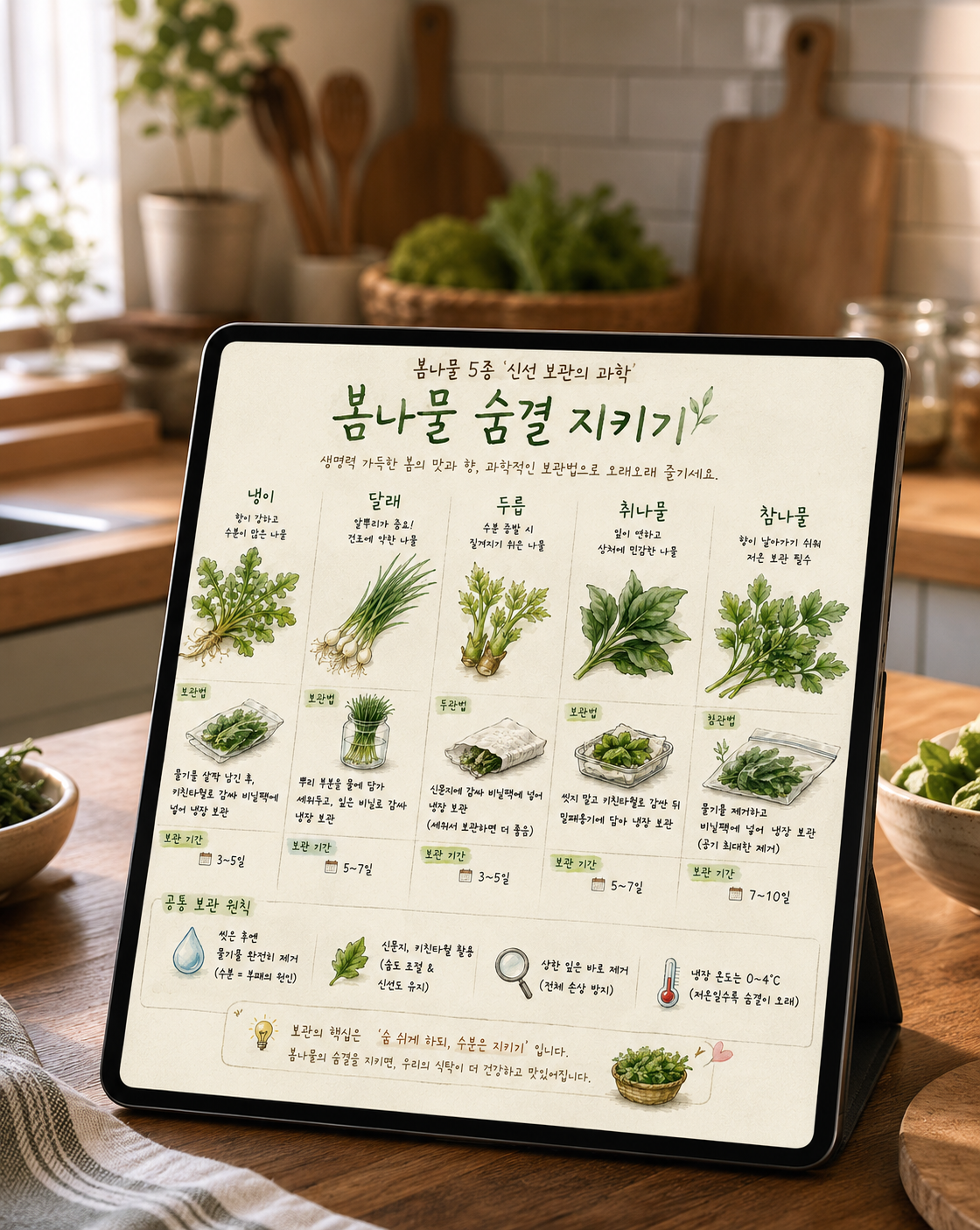 아이패드 프로크리에이트 앱 화면을 담은 일러스트. 봄나물 5종의 각기 다른 보관법과 권장 보관 기간을 상세히 안내한다. 냉이는 씻지 않고 젖은 신문지에 싸서 밀폐 용기에 보관하며, 달래는 뿌리 부분을 물에 담가 세워 보관하고, 두릅은 신문지에 감싸 비닐팩에 넣어 보관할 것을 권장한다. 또한 취나물은 씻지 않고 키친타월에 감싸 밀폐 용기에, 참나물은 물기를 제거하고 비닐팩에 담아 보관하는 법을 보여준다. 하단에는 세척 후 물기 제거, 신문지와 키친타월 활용, 상한 잎 즉시 제거, 0~4도의 저온 유지라는 '공통 보관 원칙'을 정리하였다. 마지막으로 '숨 쉬게 하되, 수분은 지키기'라는 보관의 핵심 철학을 담은 정보 전달형 일러스트이다.