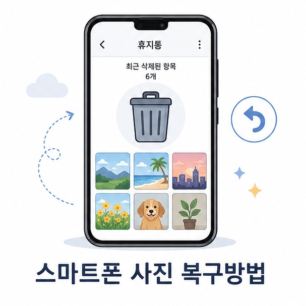 스마트폰 사진 복구방법 대표 이미지, 휴지통 아이콘과 삭제된 사진 썸네일이 담긴 스마트폰 화면