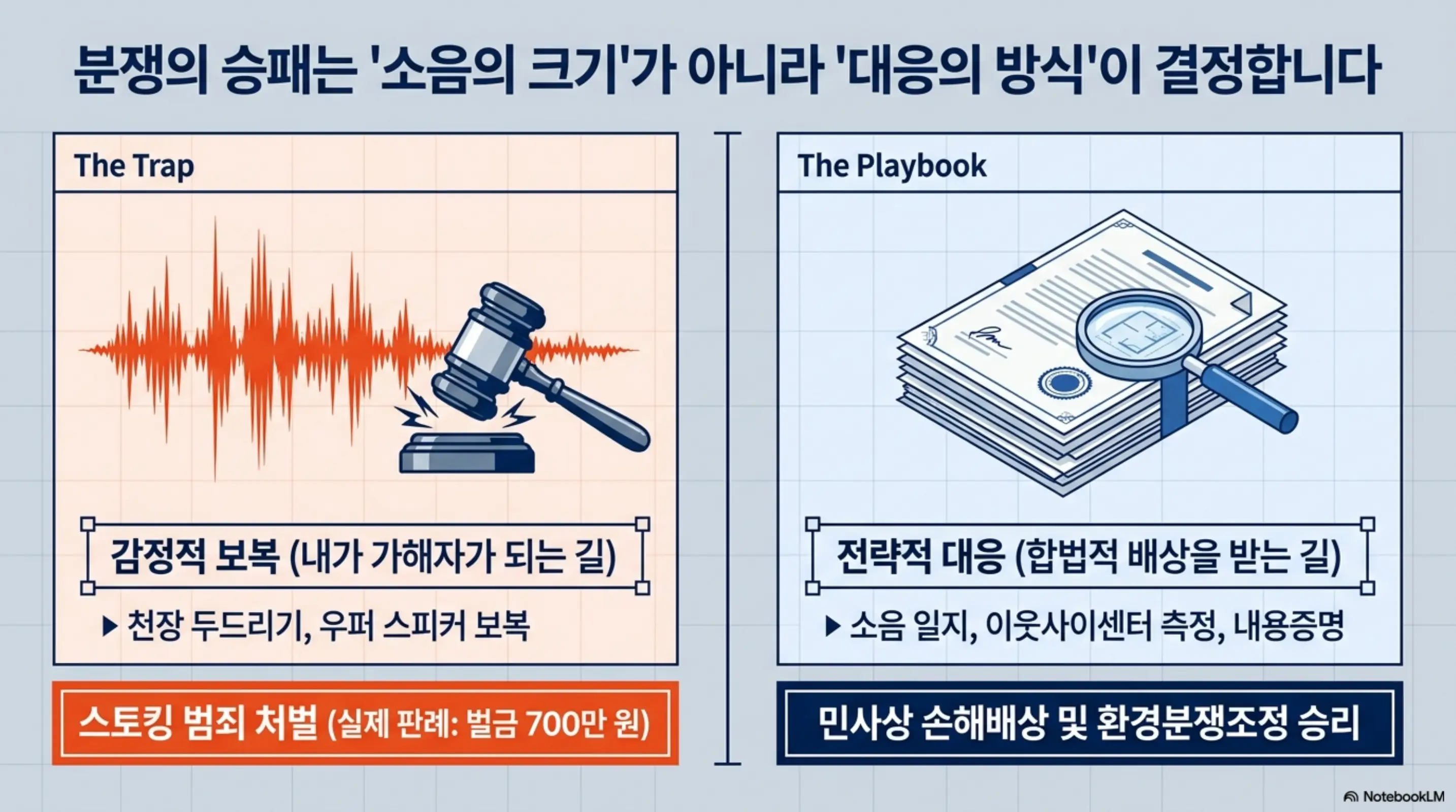 층간소음 분쟁에서 감정적 보복(스토킹 처벌)과 전략적 대응(합법적 배상)의 결과 차이를 비교한 인포그래픽 이미지. 이 이미지는 보복 소음이 범죄가 되는 반면 절차적 대응이 손해배상으로 이어진다는 핵심 정보를 시각적으로 전달하며&amp;#44; 블로그의 층간소음 대응 방법과 관련된 내용을 설명함 