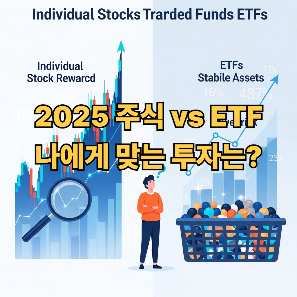 주식과 ETF 중 어떤 투자 상품을 선택할지 고민하는 초보 투자자를 나타내는 비교 이미지
