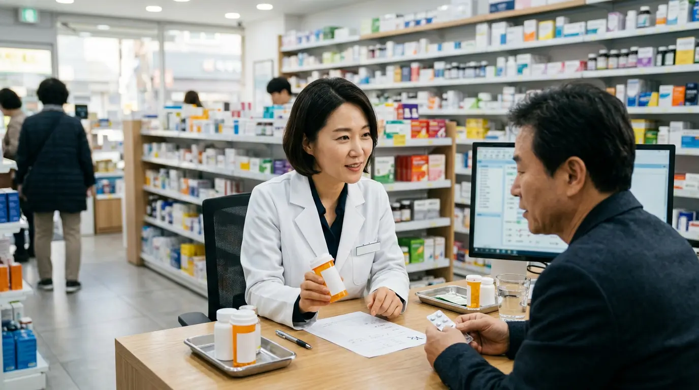 통풍약 종류별 역할을 설명하는 약국 상담 장면