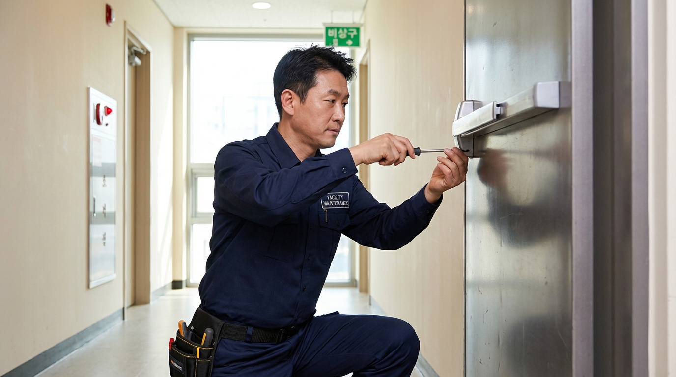 건축물 내부 방화문의 도어클로저 장력을 조절 중인 시설 관리자