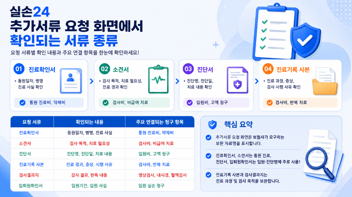 실손24 추가서류 요청 화면에서 확인되는 진료확인서, 소견서, 진단서, 진료기록 사본, 검사결과지, 입퇴원확인서의 역할을 정리한 인포그래픽