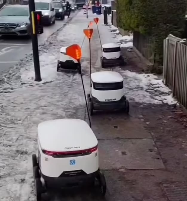 추운 눈오는 날 건설작업자에게 쫒겨다니는 배달 로봇들 VIDEO: Man receives backlash after kicking 'innocent' delivery robot