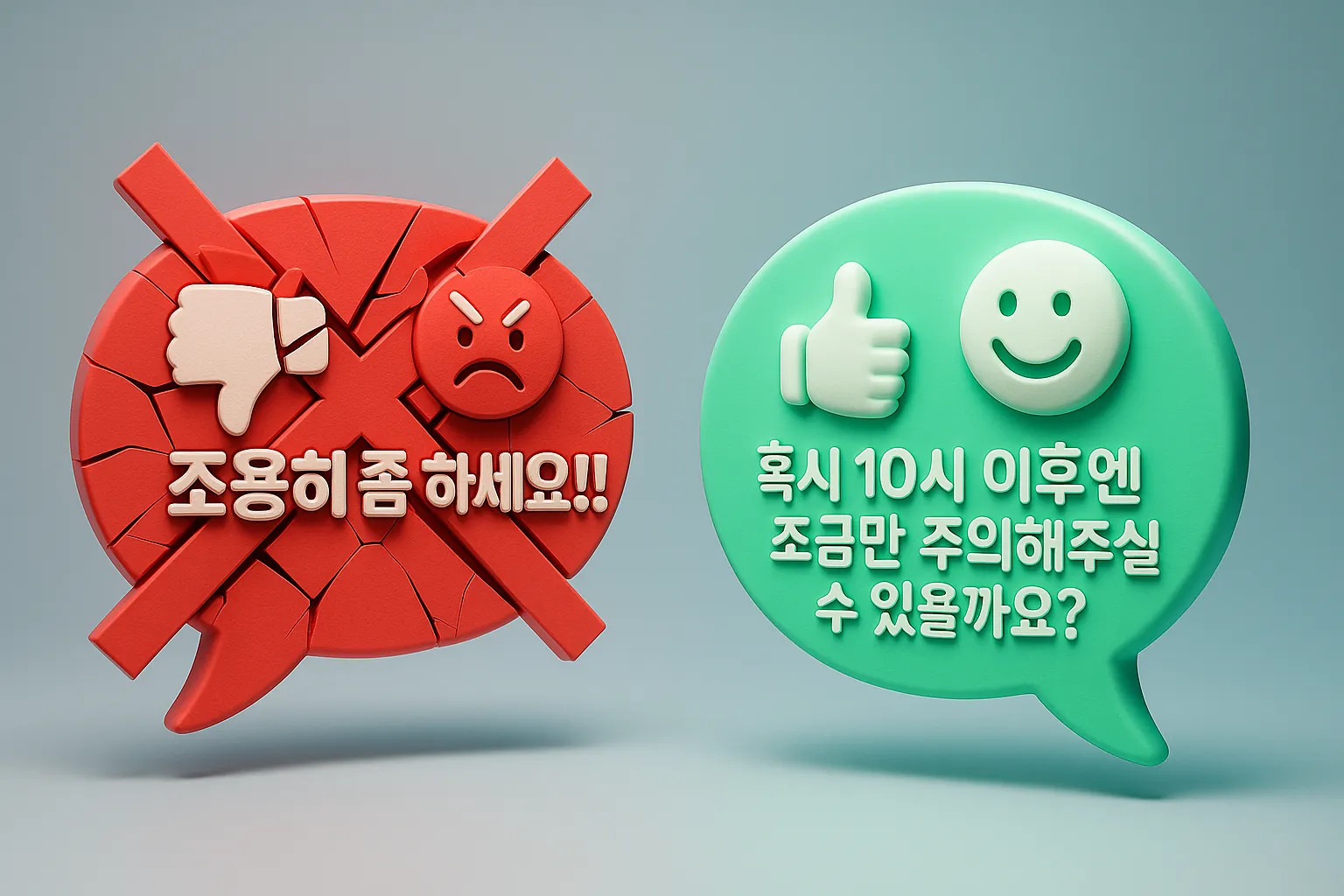 "층간소음에 대처하는 좋은 대화 방식과 나쁜 대화 방식을 비교하는 이미지"