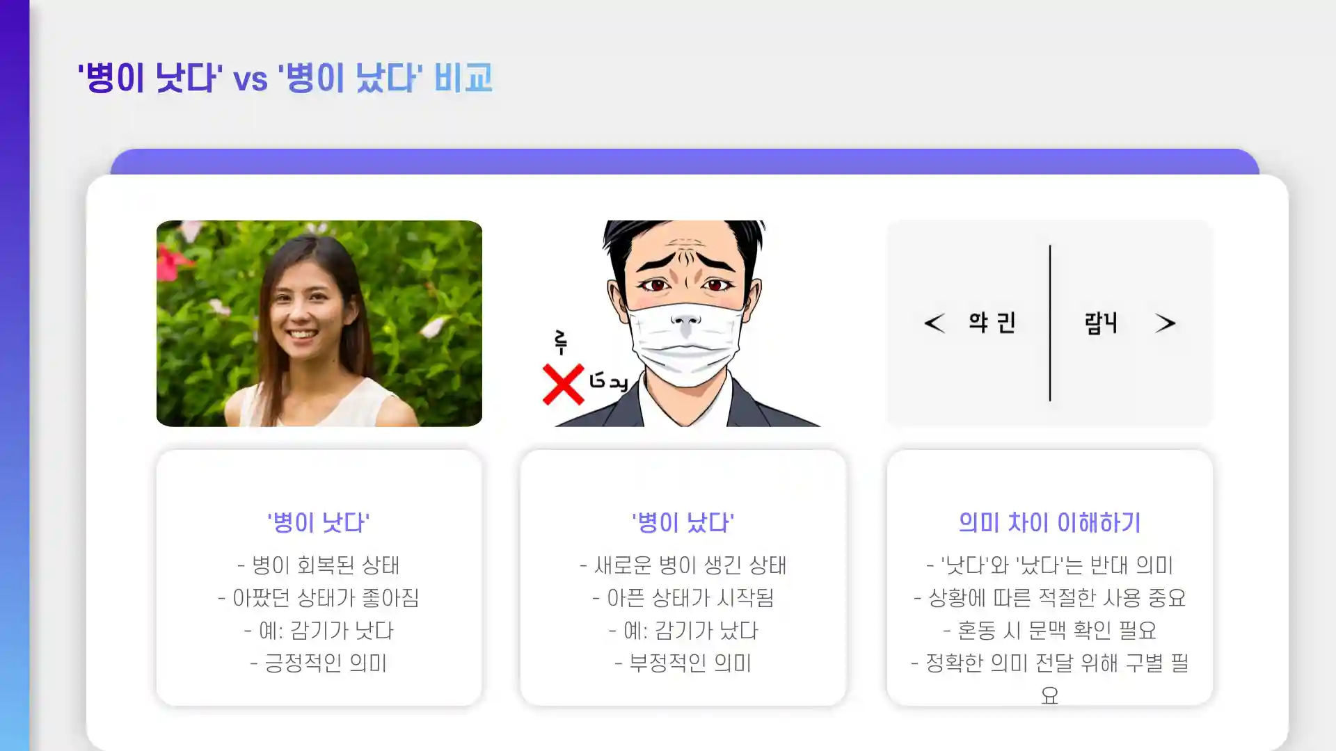 병이 낫다, 났다, 나았다