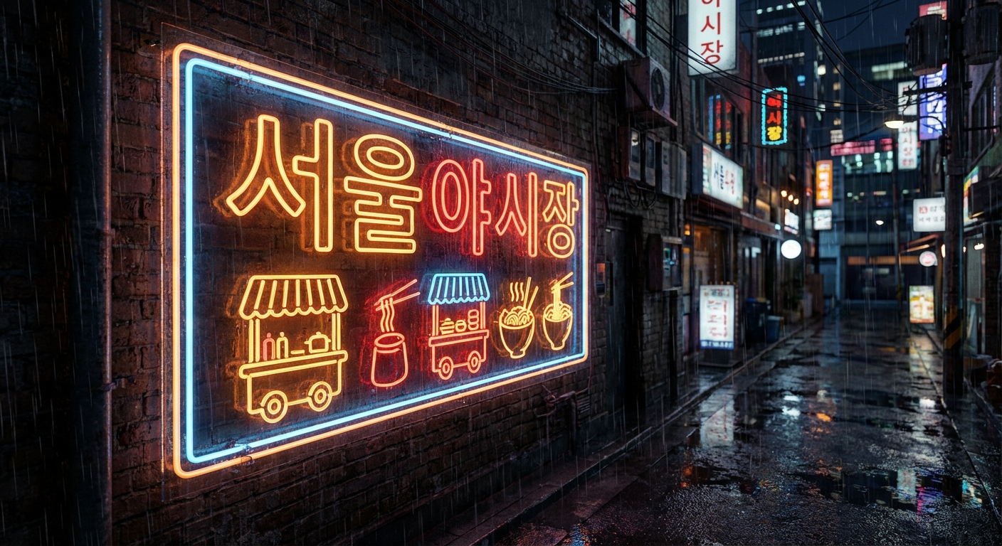 나노 바나나 프로의 한글 텍스트 렌더링 기능을 활용하여 '서울 야시장'이라는 글자를 완벽하게 구현한 네온사인 이미지