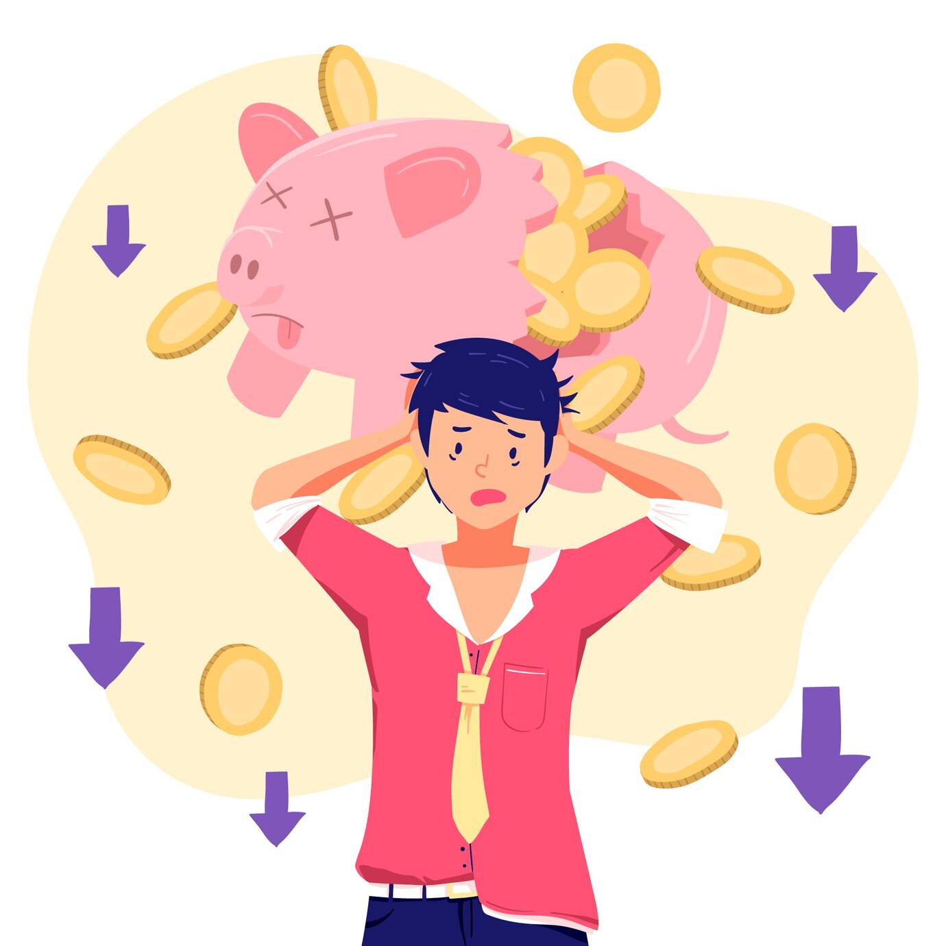 절규하는 남자, 깨진 돼지 저금통, 떨어지는 동전