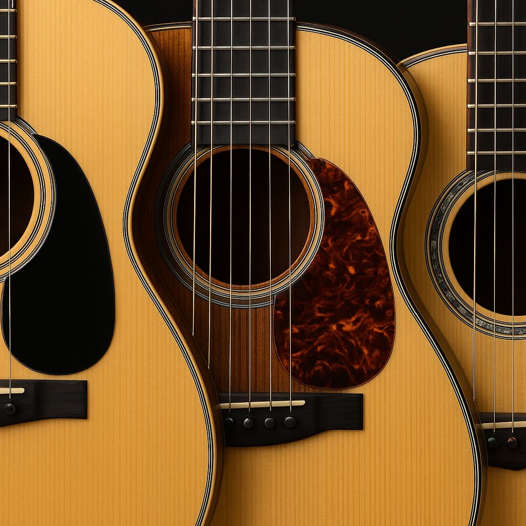 픽가드, 바인딩, 퍼플링을 비교한 어쿠스틱 기타 상판 클로즈업 이미지