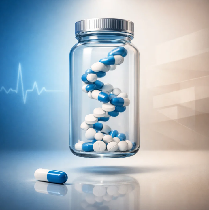 치매 치료제 캡슐이 DNA 구조처럼 배열된 약병 이미지, 약물 치료의 정밀성과 용량 조절을 상징