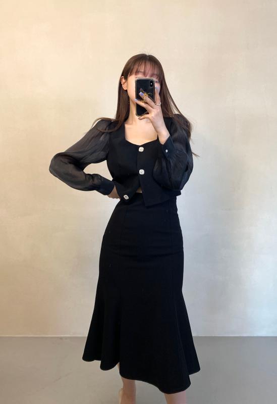 어니스트 시스루 새틴 스퀘어넥 하객 투피스 SET