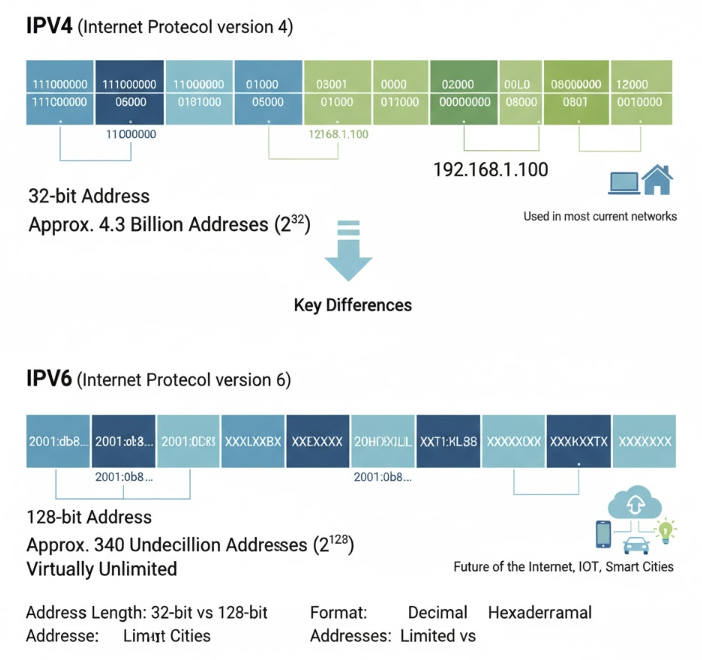 IPv4(32비트)와 IPv6(128비트)의 주소 형식, 길이, 표현 방식의 차이를 명확하게 비교하는 다이어그램