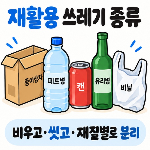 종이 상자 페트병 캔 유리병 비닐 아이콘을 중심으로 재활용 쓰레기 종류 문구를 보여주는 대표 카드뉴스 이미지