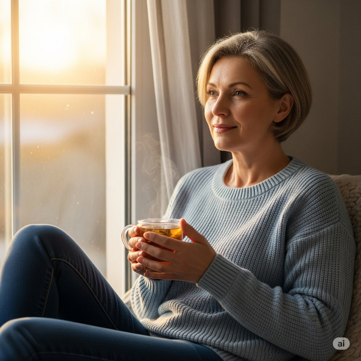 따뜻한 차를 마시며 미래를 전망하는 50대 여성, 여유와 지혜로 준비하는 긍정적인 새로운 시작