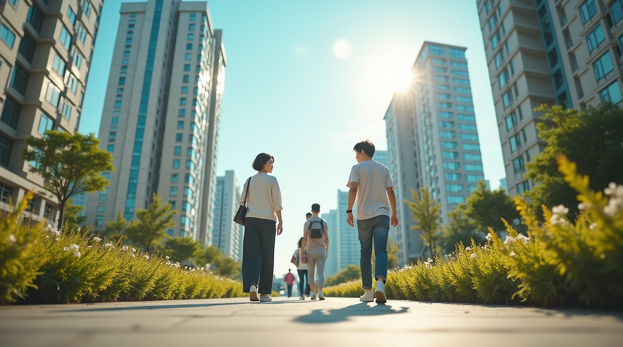 밝은 파란 하늘 아래 현대식 한국 아파트 단지 전경, 잘 가꿔진 조경, 부동산 이야기를 나누는 한국인 몇 명