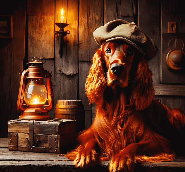 커다란 갈색개가 빵모자를 쓰고 앉아서 사진 모델이 되고 있다. 매우 멋진 개다.