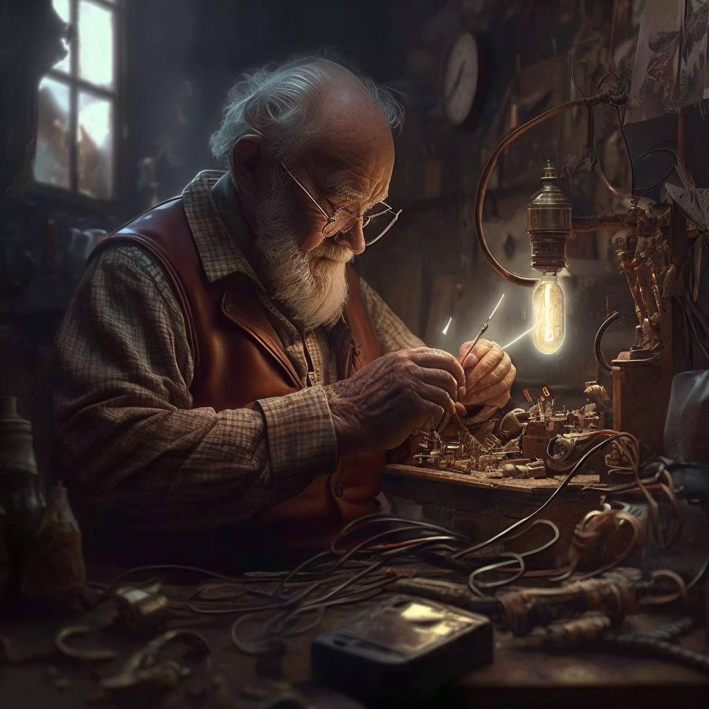 무엇 인가를 만들기 위해 집중하는 노인 그림.