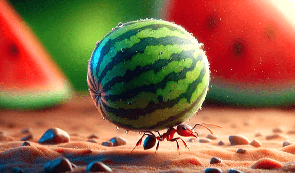 큰개미 한 마리가 등에 커다란 수박 한 통을 매고 기어가고 있다.