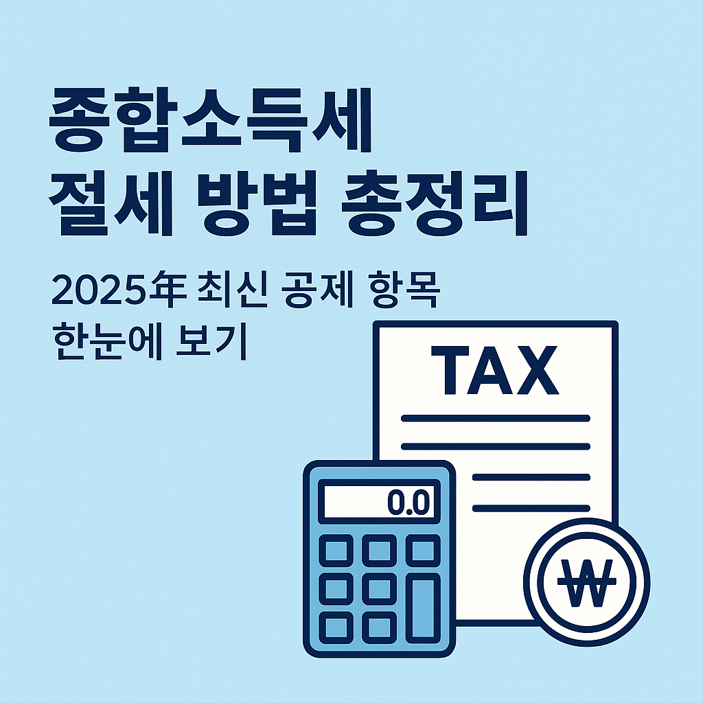 2025년 종합소득세 절세 방법을 안내하는 이미지로, 연한 하늘색 배경 위에 '종합소득세 절세 방법 총정리', '2025년 최신 공제 항목 한눈에 보기'라는 문구가 큼직하게 들어 있으며, 오른쪽에는 계산기, 세금 관련 서류(TAX), 원화 기호가 있는 동전 아이콘이 함께 배치되어 절세와 공제의 핵심 키워드를 시각적으로 표현하고 있다.