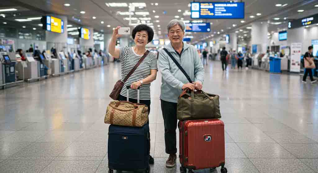 한 부부가 공항내부에서 기념사진을 찍고 있어요