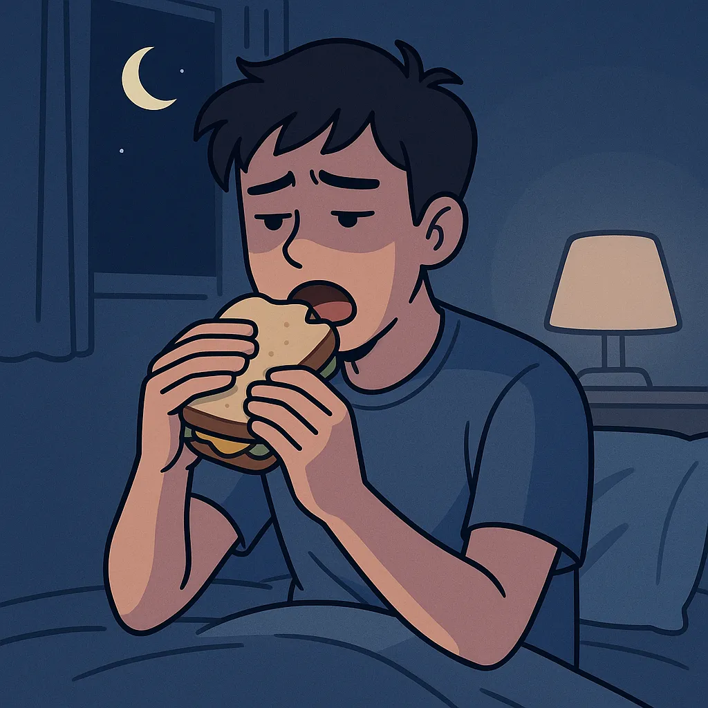 새벽-시간대-침대에-앉아-샌드위치를-먹는-남성의-모습-밤-늦게-혹은-새벽에-배가-더-고픈-생리적-이유를-상징적으로-표현한-장면