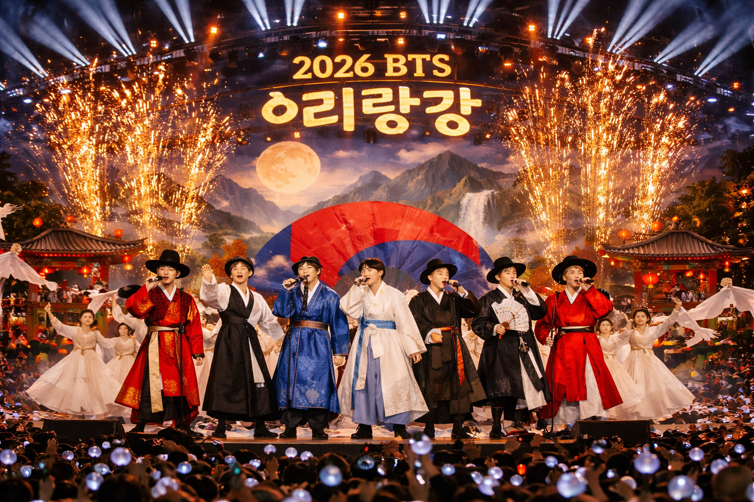 2026년 방탄 광화문 공연에서 개량 한복을 입고 아리랑 무대를 선보이는 뷔와 멤버들