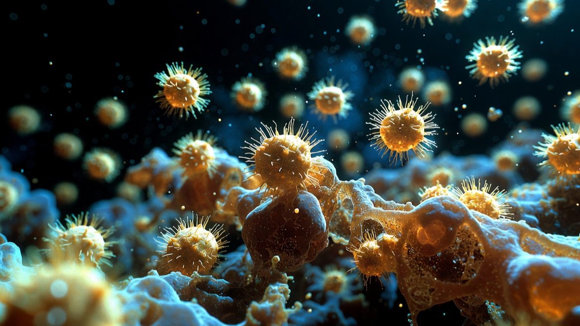 양서류의 치명적인 질병인 항아리곰팡이 포자의 미시적 모습