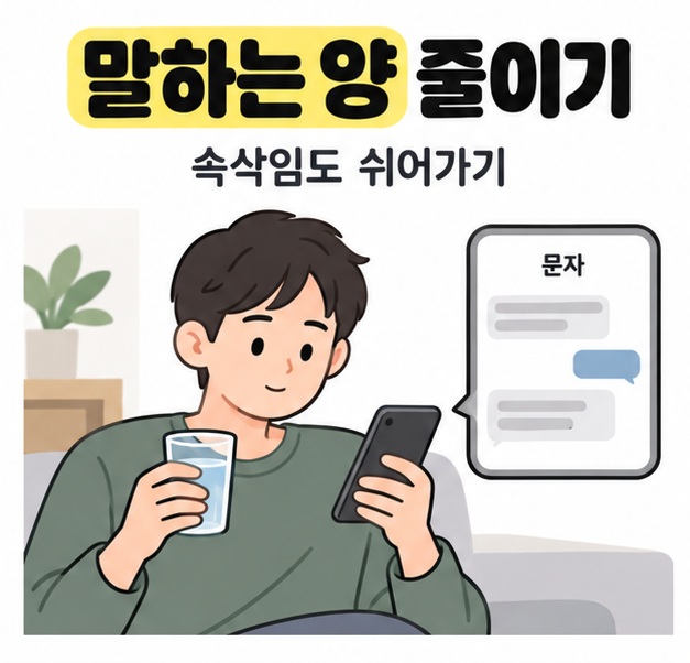 말하는 양을 줄이라는 안내 아래에서 남성이 물컵을 들고 스마트폰의 문자를 확인하는 모습
