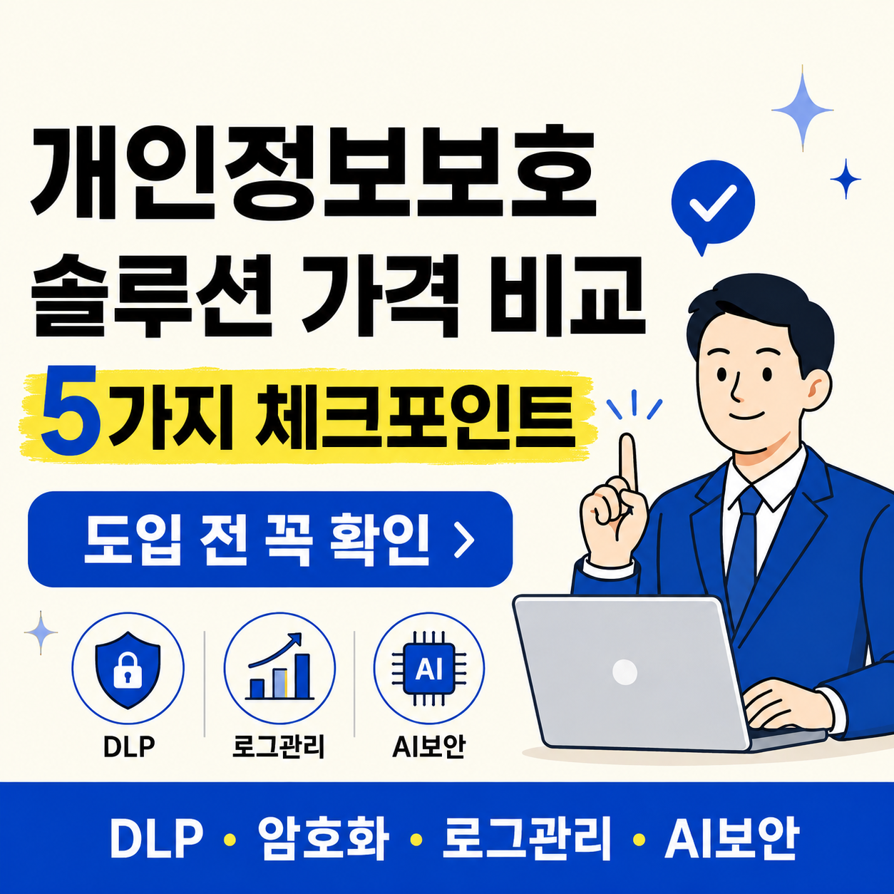 30~40대 직장인 필독 문구와 함께 개인정보보호 솔루션 가격 비교, 5가지 체크포인트를 강조한 정사각형 카드뉴스형 썸네일. 아이보리 배경에 코발트블루와 노란색 포인트를 사용했고, 오른쪽에는 노트북 앞에서 손가락을 들고 설명하는 남성 직장인 벡터 캐릭터가 배치되어 있다. 하단에는 DLP, 로그관리, AI보안 아이콘과 DLP&middot;암호화&middot;로그관리&middot;AI보안 문구가 정리되어 있다.